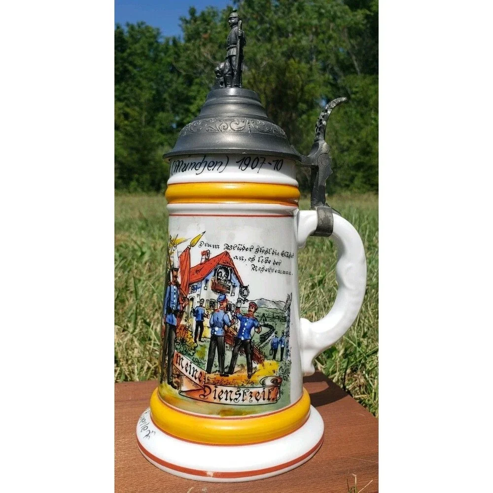 German Regimental Beer Stein Konig Munich Lithopane 1907-10 w/Pewter Lid Handle